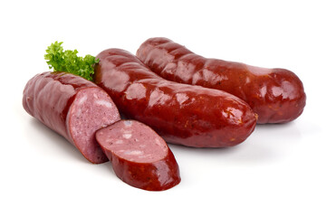 Smoked german sausages, isolated on white background
