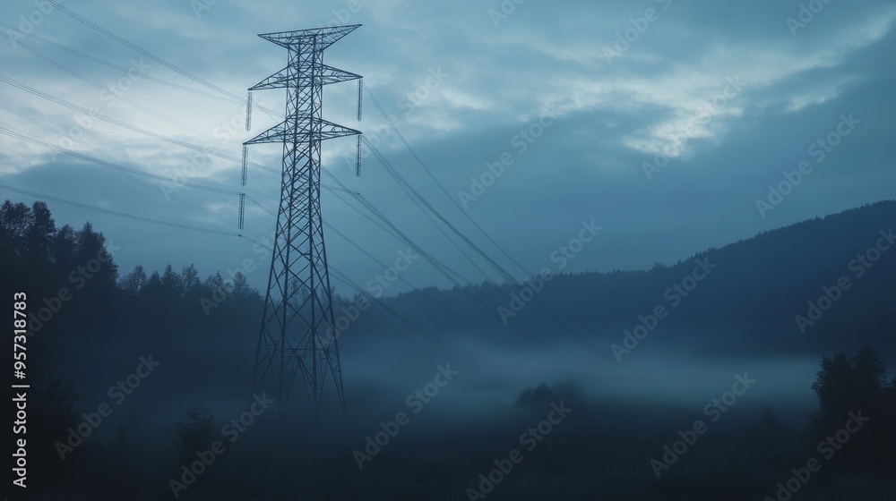 Poster A high-voltage power transmission tower illuminated by the soft light of dawn, with fog rolling in the background, creating a dramatic and atmospheric scene.