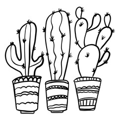 Set of succulent plants vector monochrome black and white illustration, cactus in pot clipart isolated on transparent background. Outline drawing for logo, poster, print. Doodle hand drawn sketch