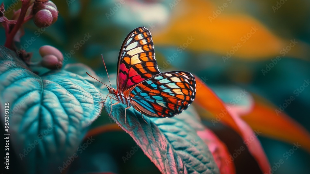 Poster a macro shot of a butterfly perched on a vibrant leaf, with its delicate wings spread and showcasing