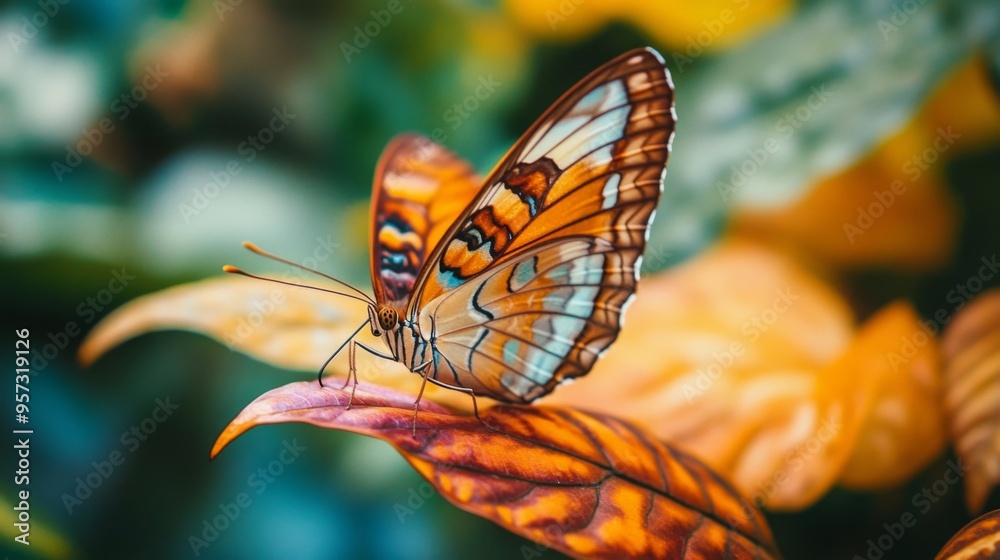 Aufkleber a macro shot of a butterfly perched on a vibrant leaf, with its delicate wings spread and showcasing