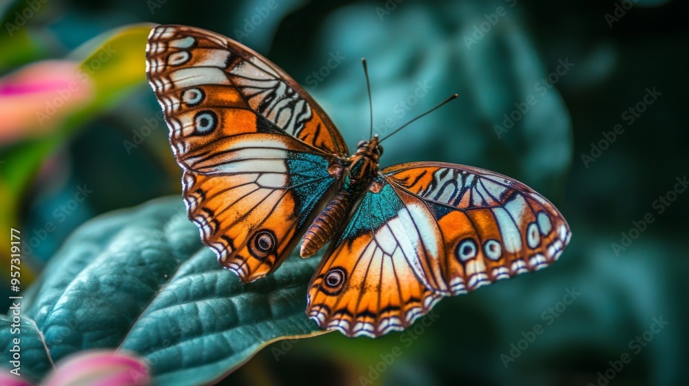 Poster a macro shot of a butterfly perched on a vibrant leaf, with its delicate wings spread and showcasing