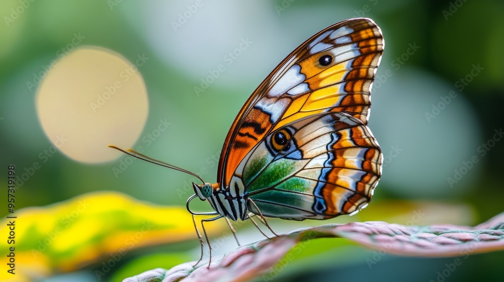 Poster a macro shot of a butterfly perched on a vibrant leaf, with its delicate wings spread and showcasing