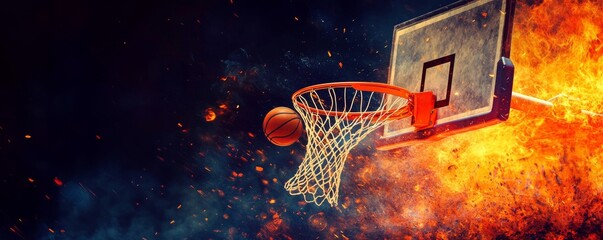 Close-up of basketball shooting into a hoop with fiery background