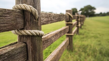 Naklejka premium wooden fence with horizontal planks with green grass meadow