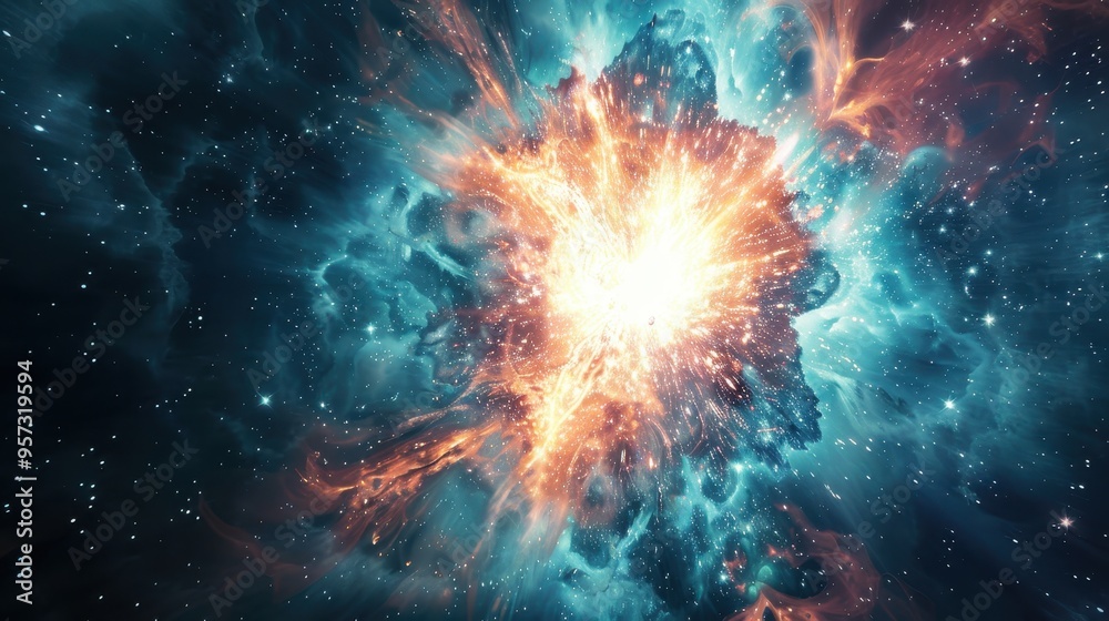 Wall mural cosmic nebula with a central explosion, characterized by vibrant colors and a dynamic display of lig