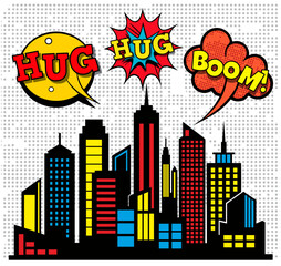 Colorful cartoon city skyline exploding with the words hug and boom in classic comic book style