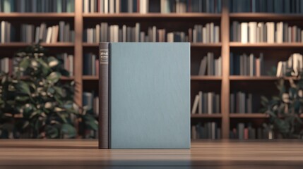 A 3D render of a blank book cover on a digital bookshelf