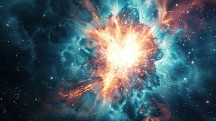 Cosmic nebula with a central explosion, characterized by vibrant colors and a dynamic display of light and matter