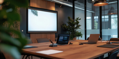 Modern Meeting Room or Board Room with Business Presentation Screen and Laptop Connection