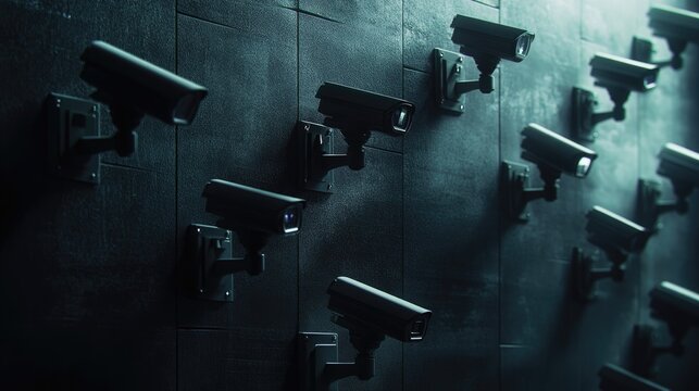 3D illustration depicting data protection technology and privacy featuring multiple surveillance cameras positioned on a dark wall oriented in various directions