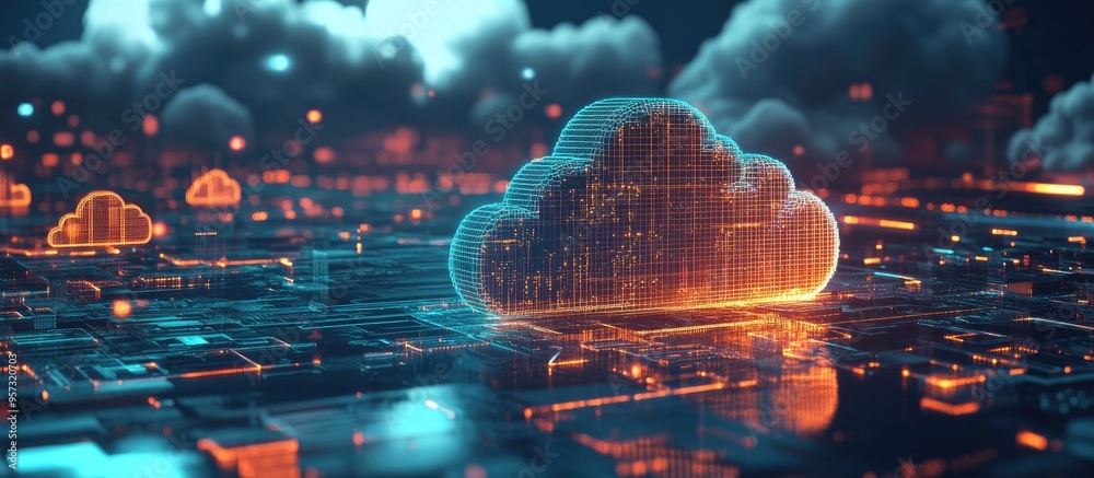 Poster 3d illustration depicting technology related to cloud computing digital information data centers com