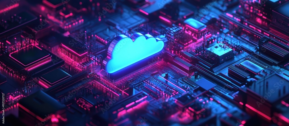 Poster 3d illustration depicting technology related to cloud computing digital information data centers com
