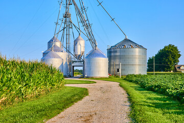 Grain Silos and Corn Fields with Gravel Path Eye Level View © Nicholas J. Klein