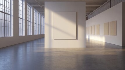 Obraz premium A 3D render of a blank canvas hanging in a minimalist art gallery