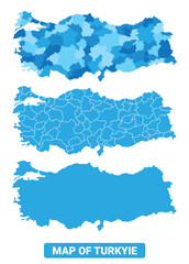 Vector Blue Türkiye political maps with borders regions simple flat illustration set 