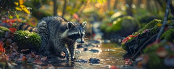 Curious raccoon exploring woodland stream, 4K hyperrealistic photo