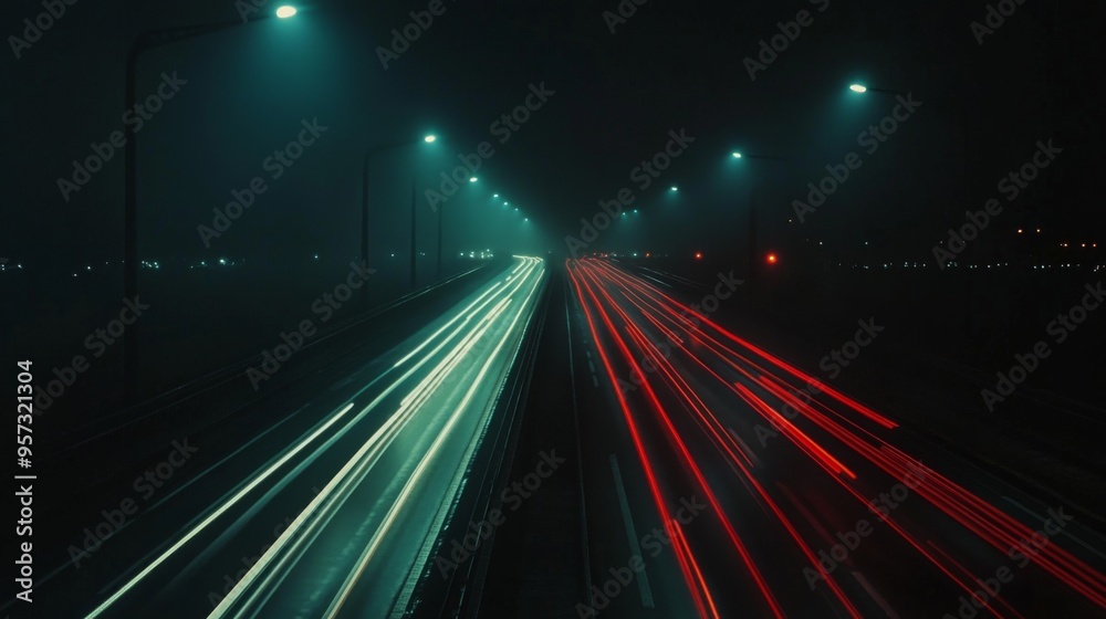 Aufkleber a night scene of a motorway illuminated by streetlights, with the red and white streaks of car light