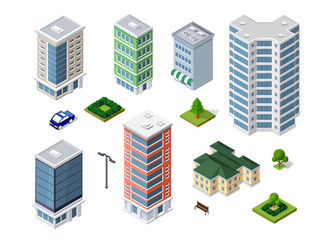 Set of isometric buildings representing a cityscape with skyscrapers, park zones, a street lamp, and a car