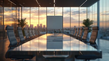 A 3D render of a blank flyer on a glass table in a high-end office