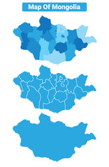 Vector Blue Mongolia political maps with borders regions simple flat illustration set 