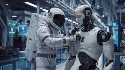 Engineer in space suit fixes robot on futuristic assembly line