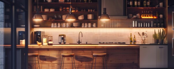 Modern kitchen with a breakfast bar and pendant lights, 4K hyperrealistic photo