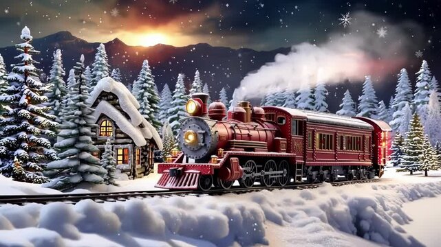 Red toy train traveling on snowy tracks in a winter wonderland with a cozy cabin in the background, evoking a warm and festive christmas atmosphere