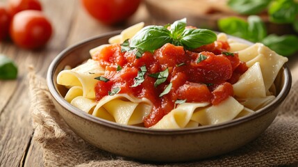 A bowl of fresh pasta topped with tomato sauce and sprinkled with freshly chopped basil, served on a rustic table