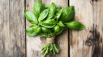 A bunch of fresh basil leaves tied with twine, resting on an old, weathered wooden table