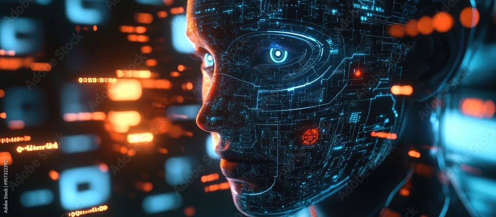 Poster 3d illustration of a bionic electric face showcasing advanced digital technology futuristic ai and m
