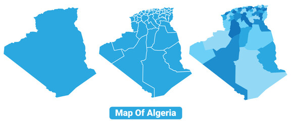 Vector Blue Algeria political maps with borders regions simple flat illustration set 