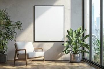 Poster Frame in Beige minimalist living room interior created with generative AI