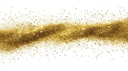 Luxurious golden glitter particles cascade elegantly on a pristine white background, embodying...