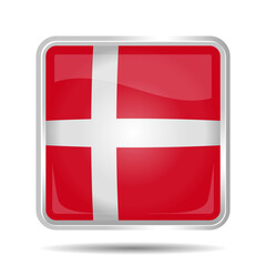 Obraz premium Denmark Flag 3D Glossy Vector Illustration, Rectangular or Square Shape, Scalable EPS File. Square Denmark flag button with elegant silver frame, premium and shiny.