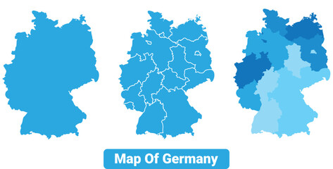 Vector Blue Germany political maps with borders regions simple flat illustration set 
