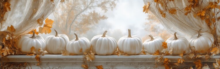 Watercolor White and Blue Pumpkins with Delicate Leaves and Flowers