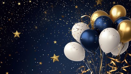 Fototapeta premium an elegant birthday background with navy blue, white, and gold balloons surrounded by stars and ribbons Generative AI