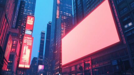 Obraz premium A 3D render of a blank outdoor banner on a skyscraper in a digital city