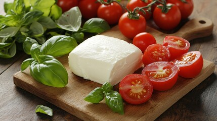 A rustic cutting board with fresh basil leaves, cherry tomatoes, and a block of mozzarella cheese, ready for preparation