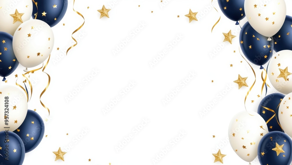 Wall mural birthday background, navy blue and white balloons with gold stars and ribbons on the sides, white sp