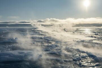 Obraz premium Evaporation of Barents Sea in Arctic Ocean. A Landscape of Water and Waves with Haze and Fog