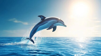 Obraz premium A playful dolphin leaping out of the clear blue ocean with the sun shining brightly above, creating a joyful splash and capturing the essence of marine life