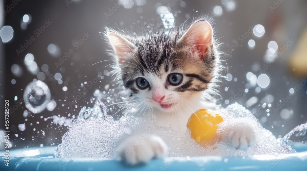 Poster a playful kitten splashing in a small tub filled with warm water and bubbles, with a few bath toys a