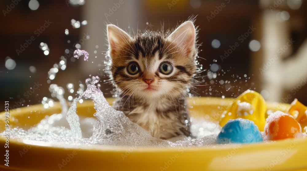 Poster a playful kitten splashing in a small tub filled with warm water and bubbles, with a few bath toys a