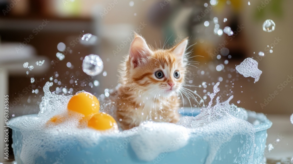 Poster a playful kitten splashing in a small tub filled with warm water and bubbles, with a few bath toys a