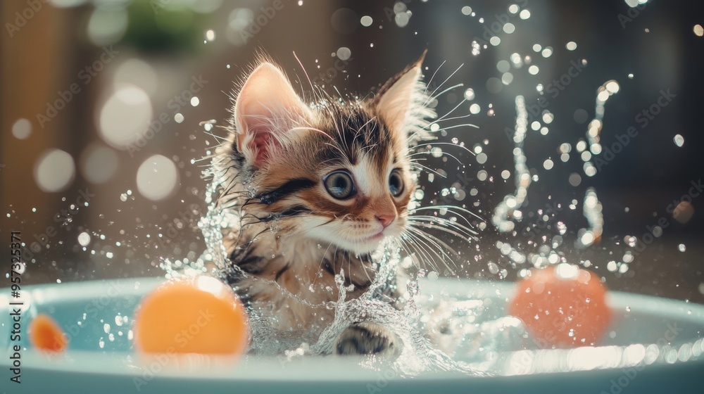 Poster a playful kitten splashing in a small tub filled with warm water and bubbles, with a few bath toys a