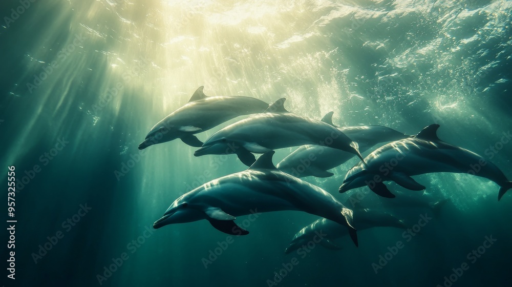 Poster a pod of dolphins swimming together in a coordinated group, with their sleek bodies cutting through 