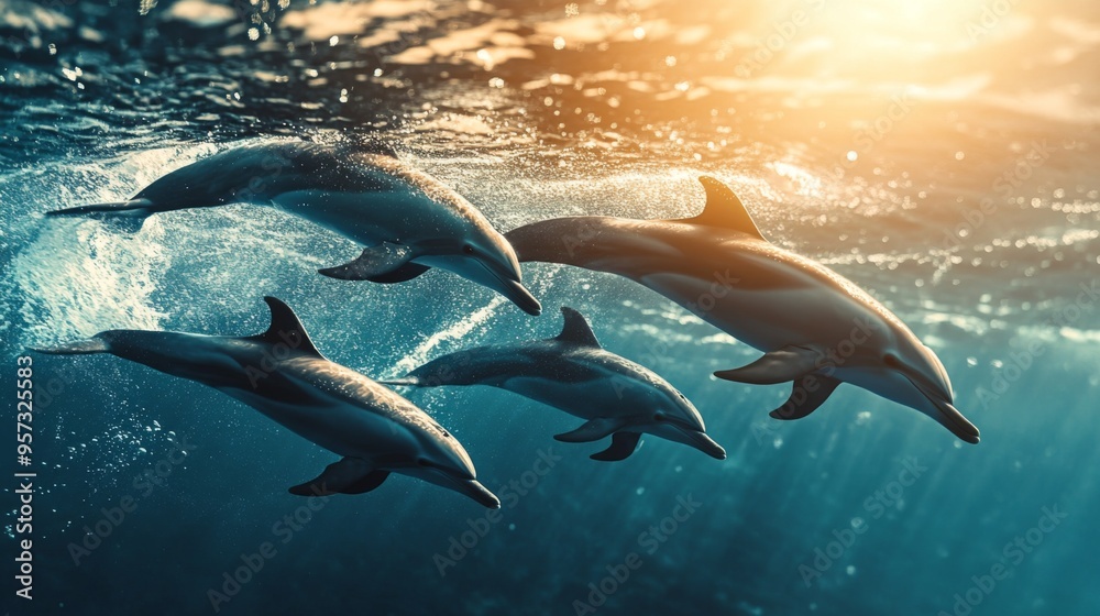 Poster a pod of dolphins swimming together in a coordinated group, with their sleek bodies cutting through 