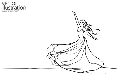 Continuous one single line art dancing girl concept. Beautiful woman traditional native dance hand drawn sketch. Summer voyage white monochrome vector illustration